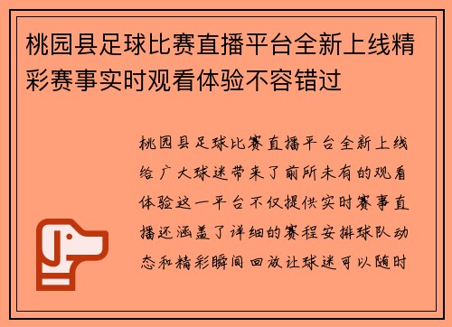 桃园县足球比赛直播平台全新上线精彩赛事实时观看体验不容错过
